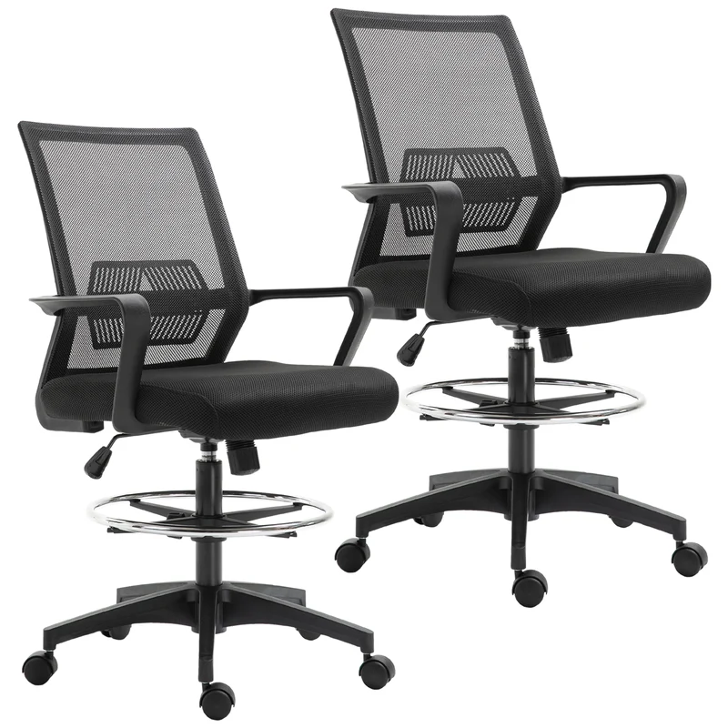 Lot de 2 fauteuils de bureau assise haute réglable 64 x 59 x 104-124 cm pivotant rembourré contemporain en maille noir 21_0006344