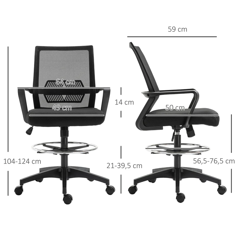 Lot de 2 fauteuils de bureau assise haute réglable 64 x 59 x 104-124 cm pivotant rembourré contemporain en maille noir 21_0006344