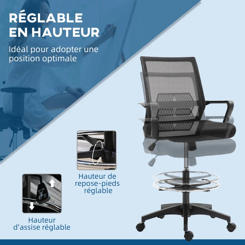 Lot de 2 fauteuils de bureau assise haute réglable 64 x 59 x 104-124 cm pivotant rembourré contemporain en maille noir 21_0006344