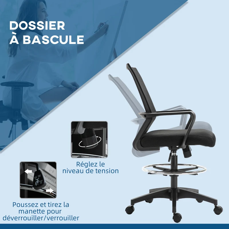 Lot de 2 fauteuils de bureau assise haute réglable 64 x 59 x 104-124 cm pivotant rembourré contemporain en maille noir 21_0006344