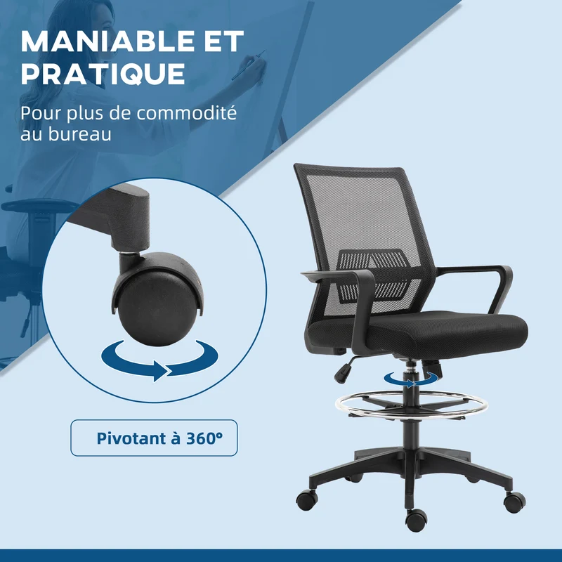 Lot de 2 fauteuils de bureau assise haute réglable 64 x 59 x 104-124 cm pivotant rembourré contemporain en maille noir 21_0006344