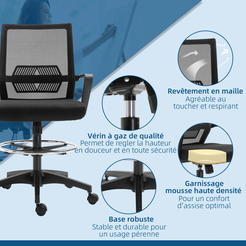 Lot de 2 fauteuils de bureau assise haute réglable 64 x 59 x 104-124 cm pivotant rembourré contemporain en maille noir 21_0006344