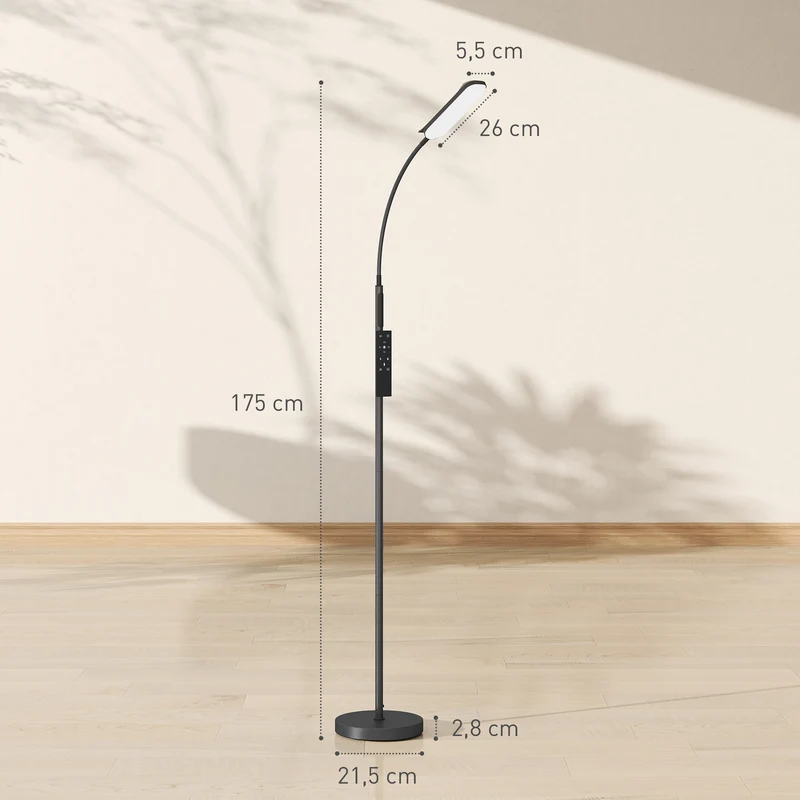 Lampadaire sur pied col de cygne salon 22 x 22 x 175 cm télécommande tactile design moderne ambiance cosy en acier noir 21_0007046