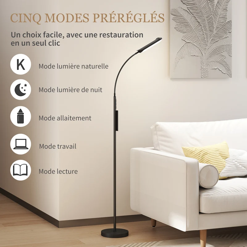 Lampadaire sur pied col de cygne salon 22 x 22 x 175 cm télécommande tactile design moderne ambiance cosy en acier noir 21_0007046
