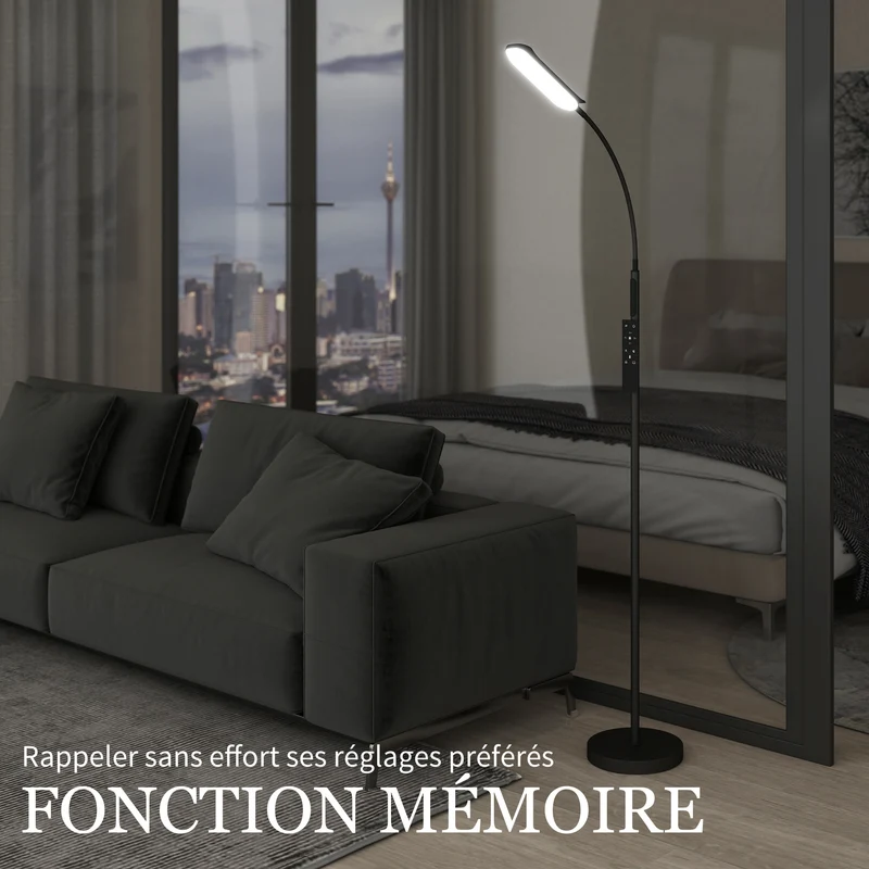 Lampadaire sur pied col de cygne salon 22 x 22 x 175 cm télécommande tactile design moderne ambiance cosy en acier noir 21_0007046