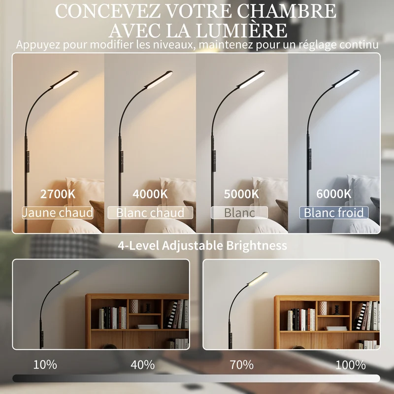 Lampadaire sur pied col de cygne salon 22 x 22 x 175 cm télécommande tactile design moderne ambiance cosy en acier noir 21_0007046