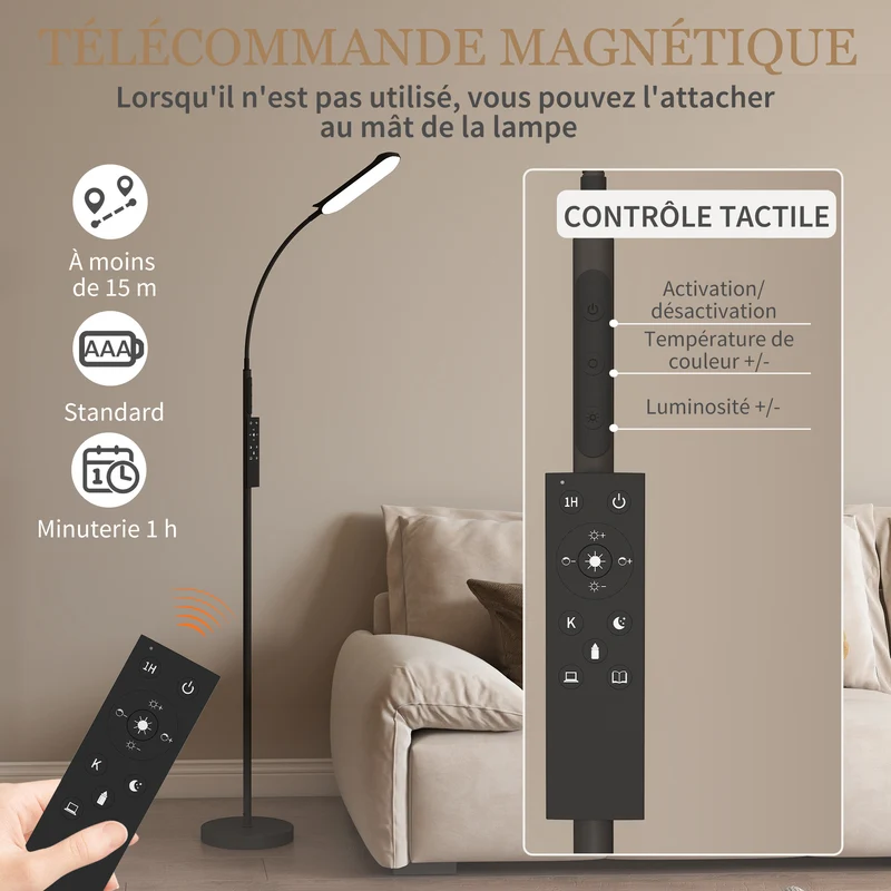 Lampadaire sur pied col de cygne salon 22 x 22 x 175 cm télécommande tactile design moderne ambiance cosy en acier noir 21_0007046