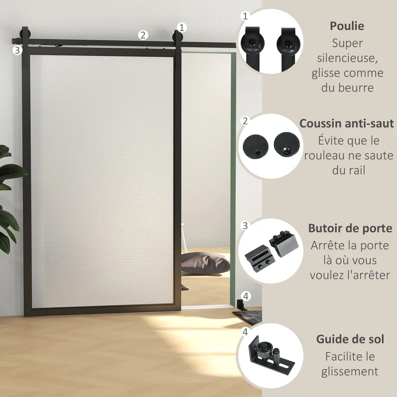 Kit quincaillerie porte coulissante sans perçage 244 x 0,5 x 4 cm glissement silencieux moderne en acier au carbone noir 21_0007147