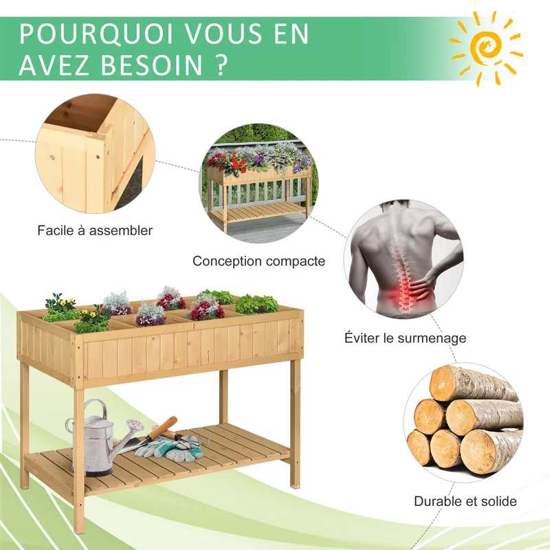 Jardinière sur pieds carrée potager 110 x 46 x 76 cm 8 compartiments insert irrigation style scandinave en bois naturel 21_0004116