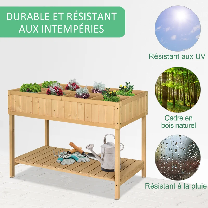 Jardinière sur pieds carrée potager 110 x 46 x 76 cm 8 compartiments insert irrigation style scandinave en bois naturel 21_0004116
