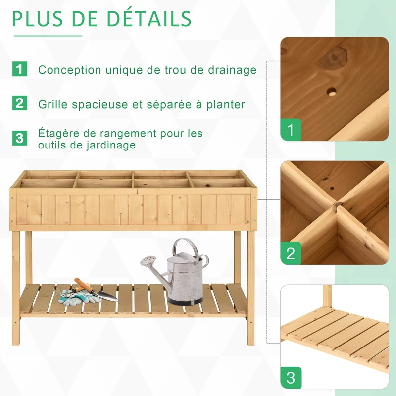 Jardinière sur pieds carrée potager 110 x 46 x 76 cm 8 compartiments insert irrigation style scandinave en bois naturel 21_0004116