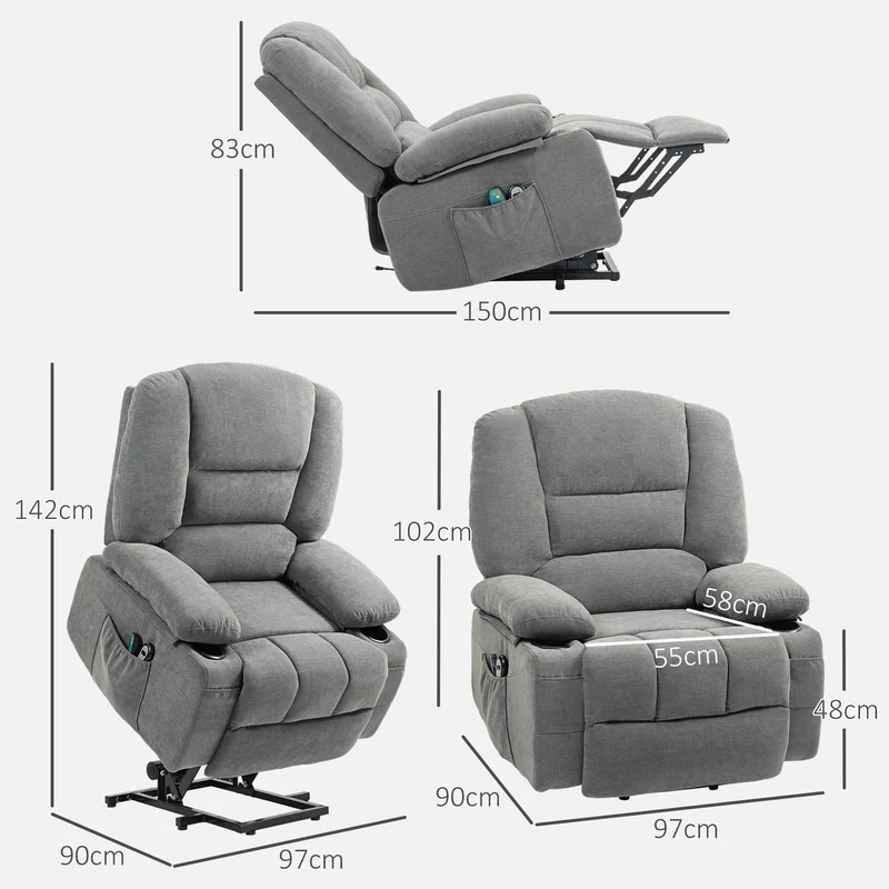 Fauteuil releveur électrique 97 x 90 x 102 cm inclinable avec massage chauffant contemporain en polyester gris foncé 21_0000906