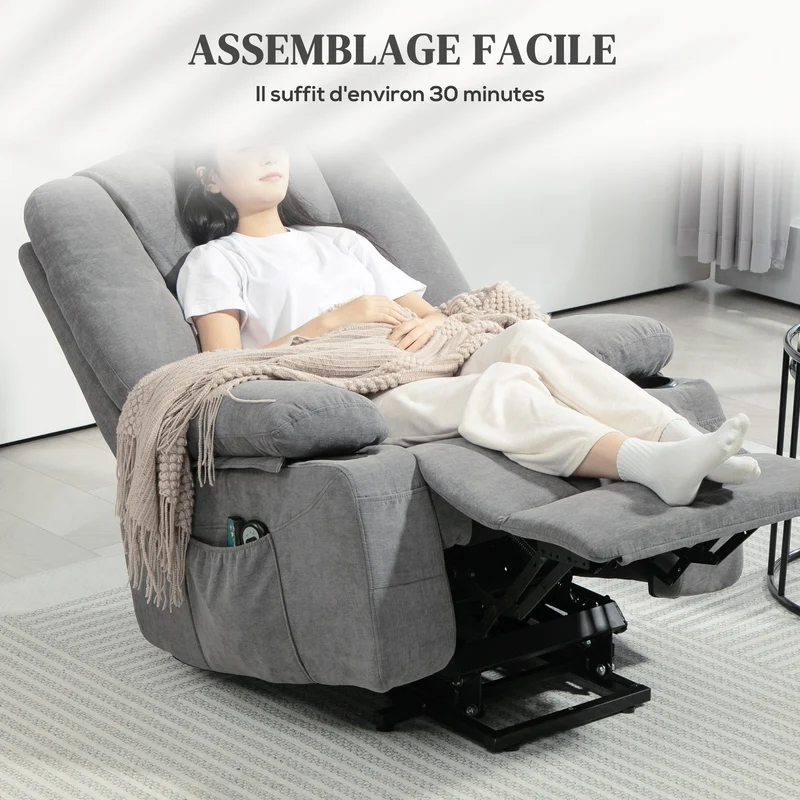 Fauteuil releveur électrique 97 x 90 x 102 cm inclinable avec massage chauffant contemporain en polyester gris foncé 21_0000906