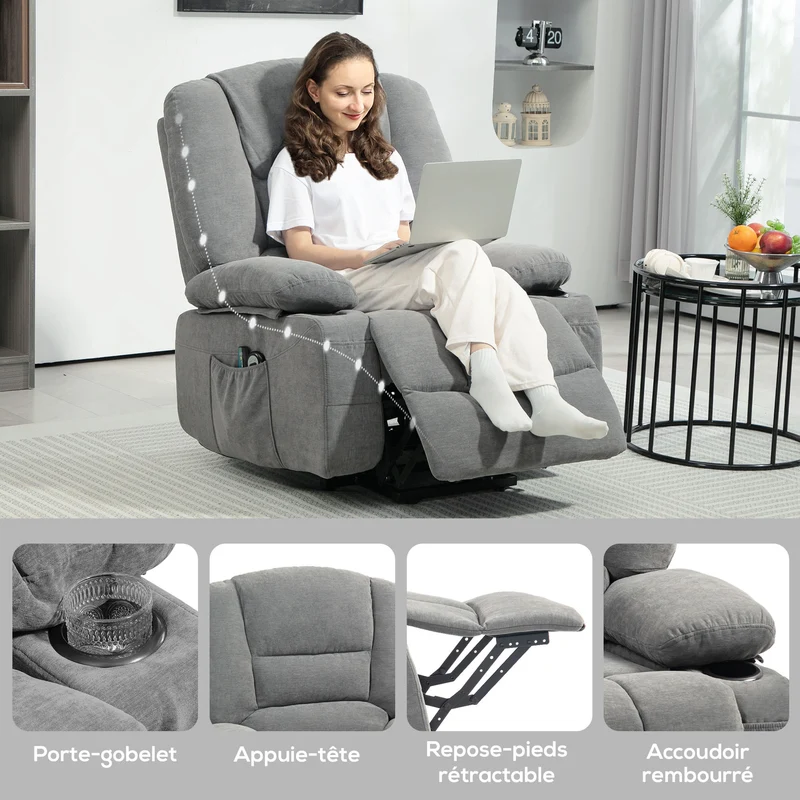 Fauteuil releveur électrique 97 x 90 x 102 cm inclinable avec massage chauffant contemporain en polyester gris foncé 21_0000906