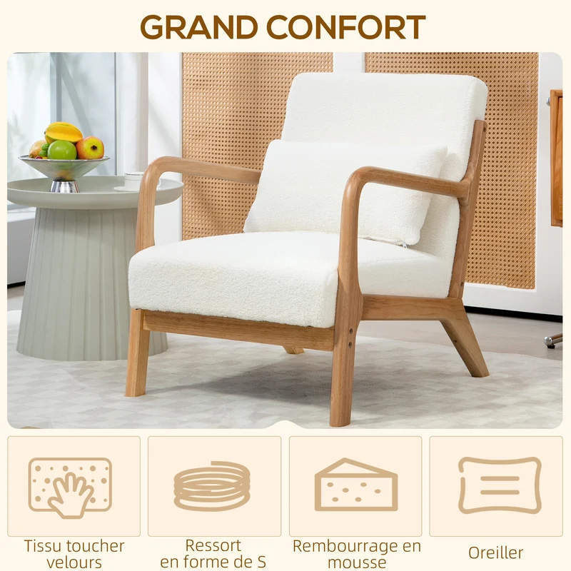 Fauteuil relax salon 61 x 78 x 76 cm assise profonde 3 coussins inclus scandinave contemporain cosy en velours crème 21_0003093