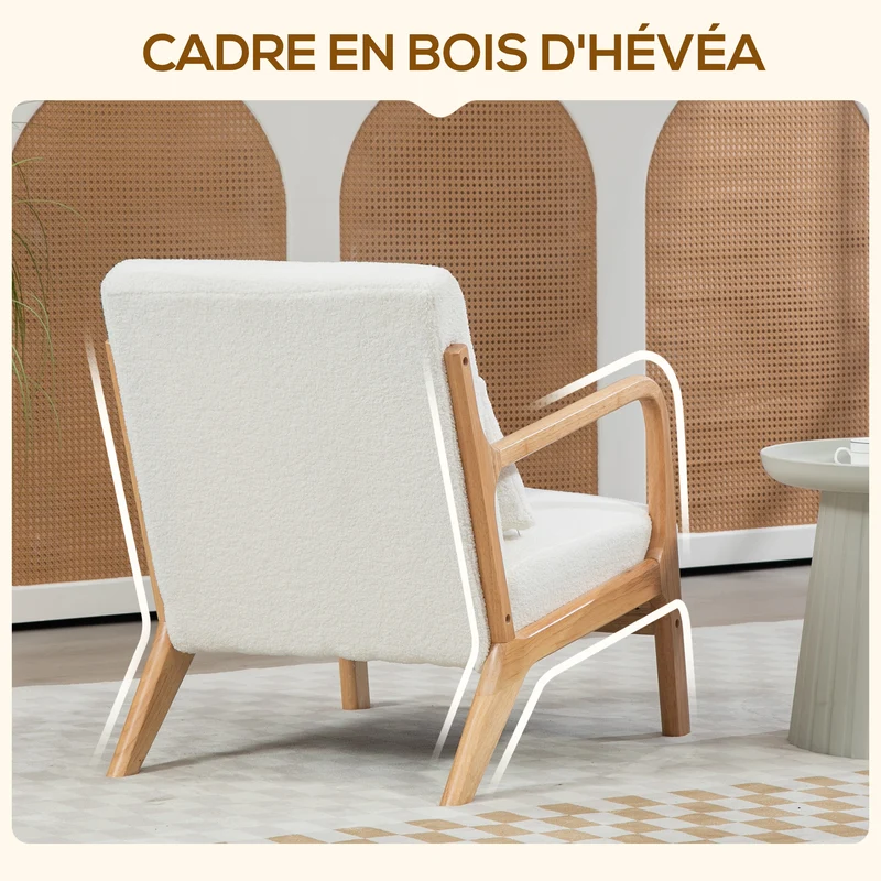 Fauteuil relax salon 61 x 78 x 76 cm assise profonde 3 coussins inclus scandinave contemporain cosy en velours crème 21_0003093