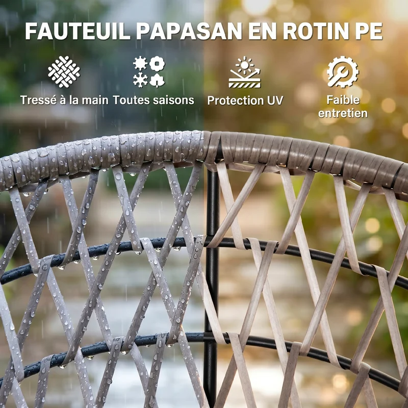 Fauteuil papasan rond 97 x 87 x 90 cm pivotant 360° grand coussin très moelleux tendance contemporain en résine crème 21_0006038