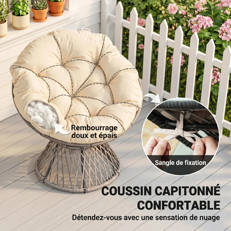 Fauteuil papasan rond 97 x 87 x 90 cm pivotant 360° grand coussin très moelleux tendance contemporain en résine crème 21_0006038