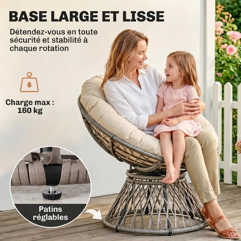 Fauteuil papasan rond 97 x 87 x 90 cm pivotant 360° grand coussin très moelleux tendance contemporain en résine crème 21_0006038