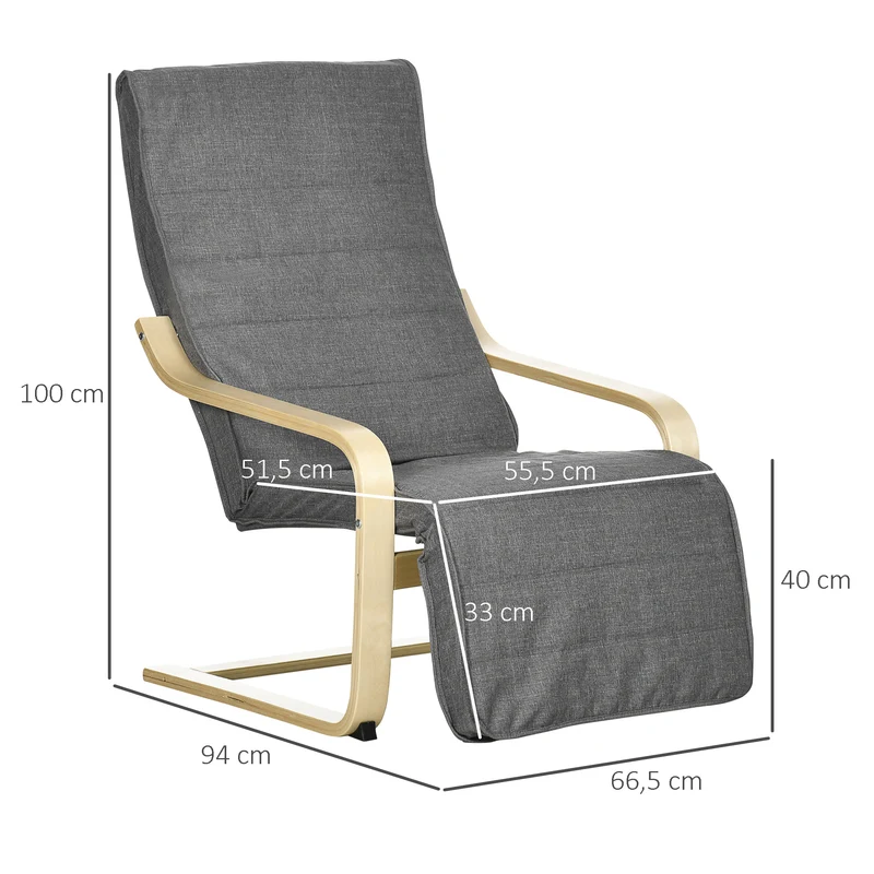 Fauteuil de salon 94 x 66.5 x 100 cm repose-pied réglable 5 positions assise déhoussable scandinave cosy en bois gris 21_0001692