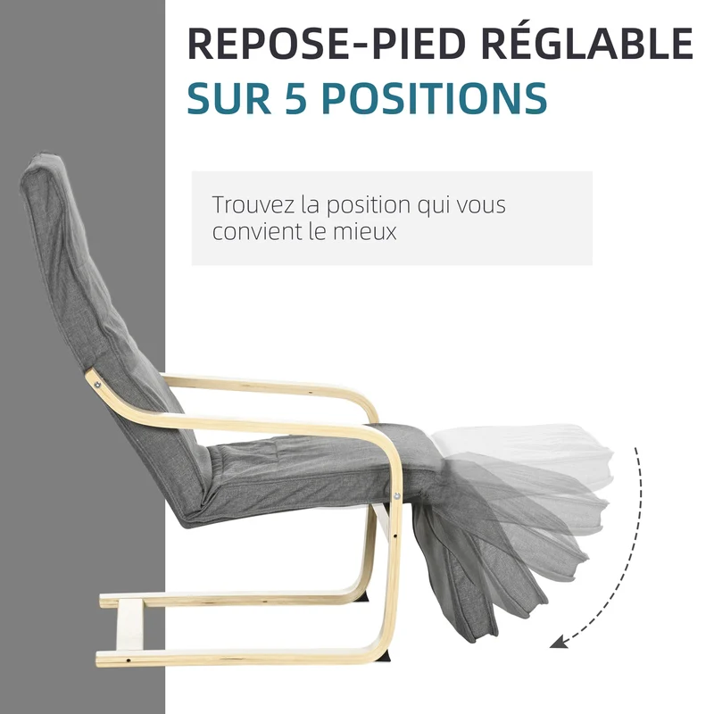 Fauteuil de salon 94 x 66.5 x 100 cm repose-pied réglable 5 positions assise déhoussable scandinave cosy en bois gris 21_0001692