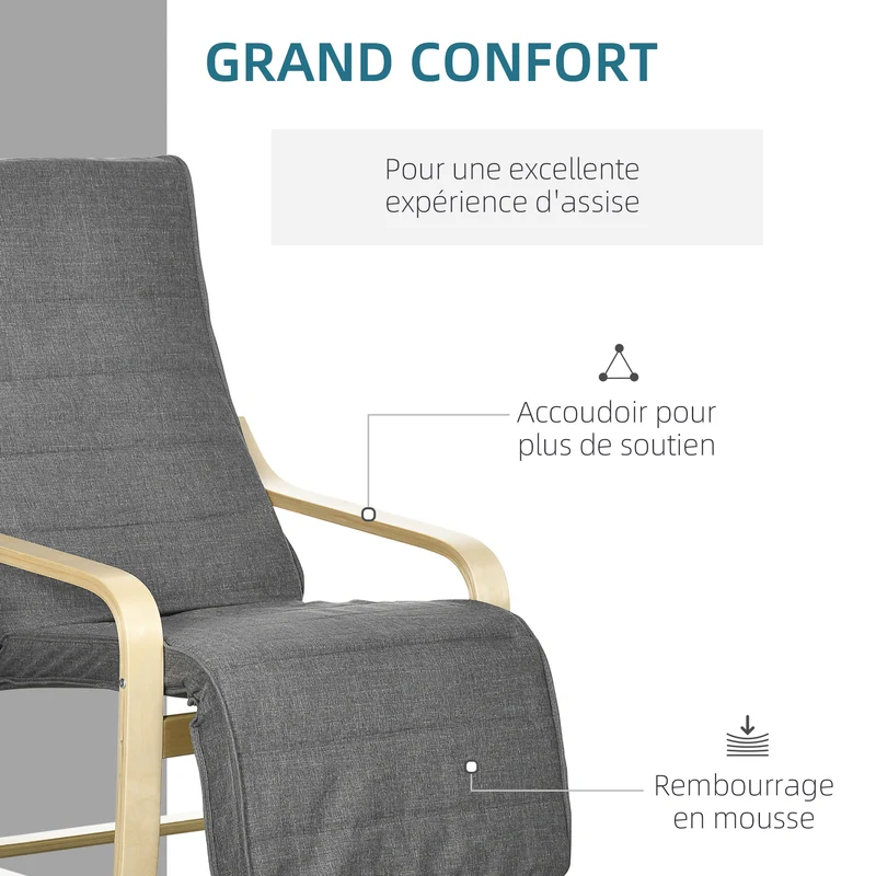Fauteuil de salon 94 x 66.5 x 100 cm repose-pied réglable 5 positions assise déhoussable scandinave cosy en bois gris 21_0001692