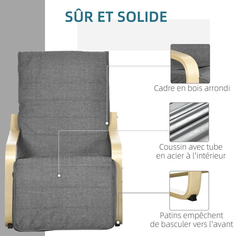 Fauteuil de salon 94 x 66.5 x 100 cm repose-pied réglable 5 positions assise déhoussable scandinave cosy en bois gris 21_0001692