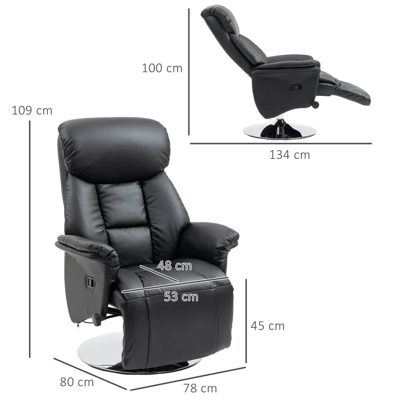 Fauteuil de relaxation pivotant salon inclinable 78 x 80 x 109 cm assise ergonomique contemporain en polyuréthane noir 21_0003148