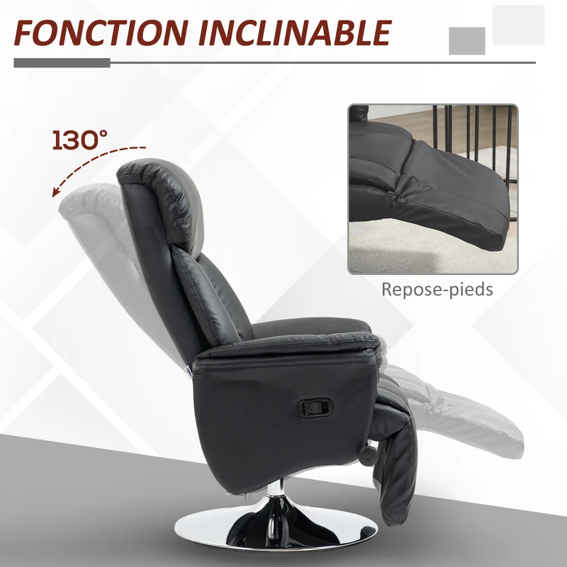 Fauteuil de relaxation pivotant salon inclinable 78 x 80 x 109 cm assise ergonomique contemporain en polyuréthane noir 21_0003148