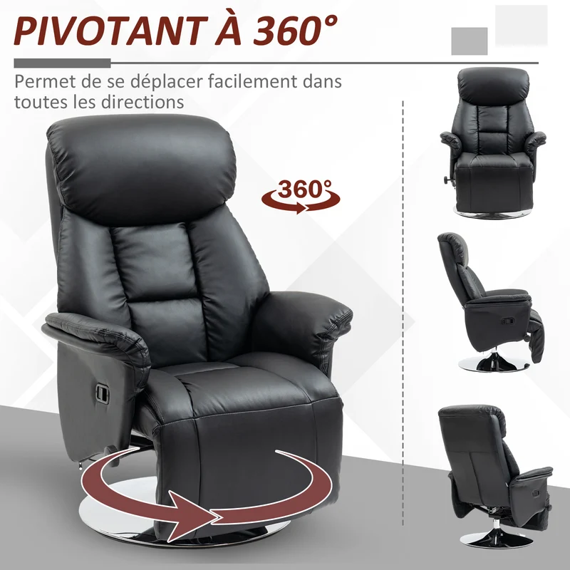 Fauteuil de relaxation pivotant salon inclinable 78 x 80 x 109 cm assise ergonomique contemporain en polyuréthane noir 21_0003148