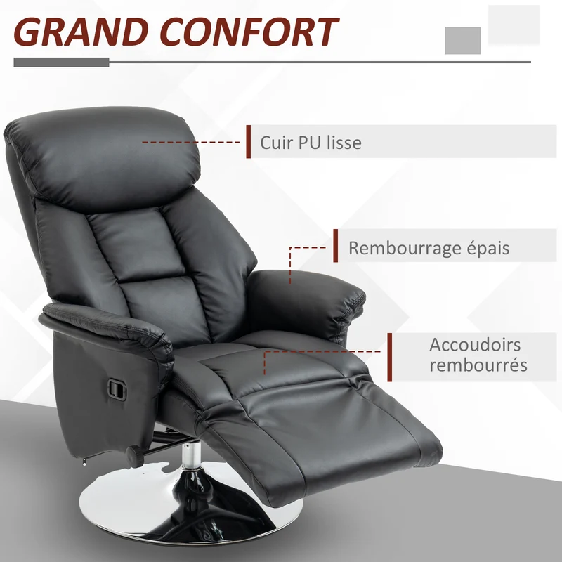 Fauteuil de relaxation pivotant salon inclinable 78 x 80 x 109 cm assise ergonomique contemporain en polyuréthane noir 21_0003148