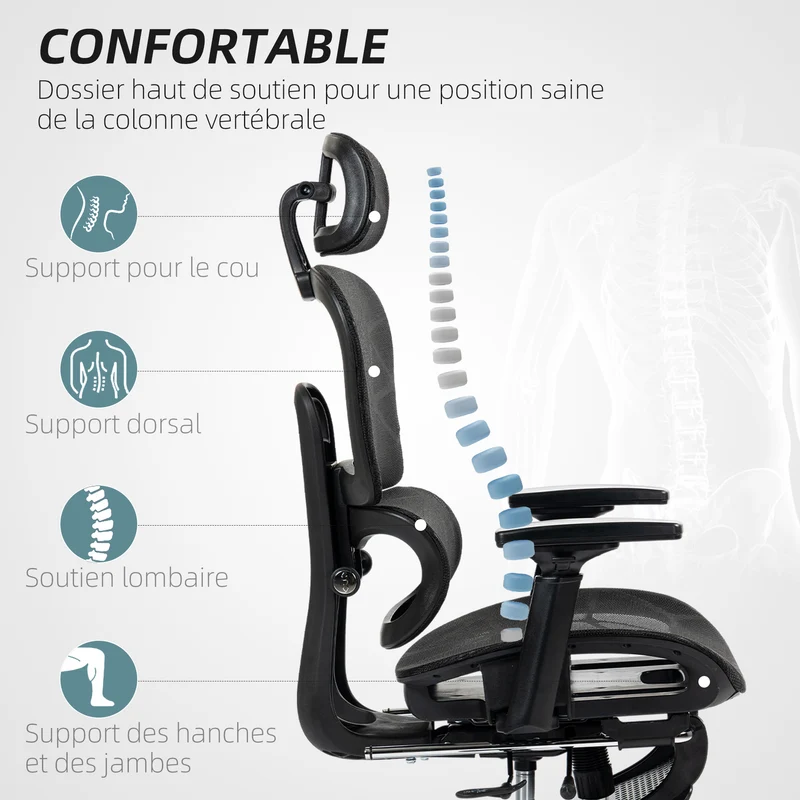 Fauteuil de bureau 66 x 64 x 122 cm ergonomique inclinable pour maison et bureau contemporain moderne en maille noir 21_0006292