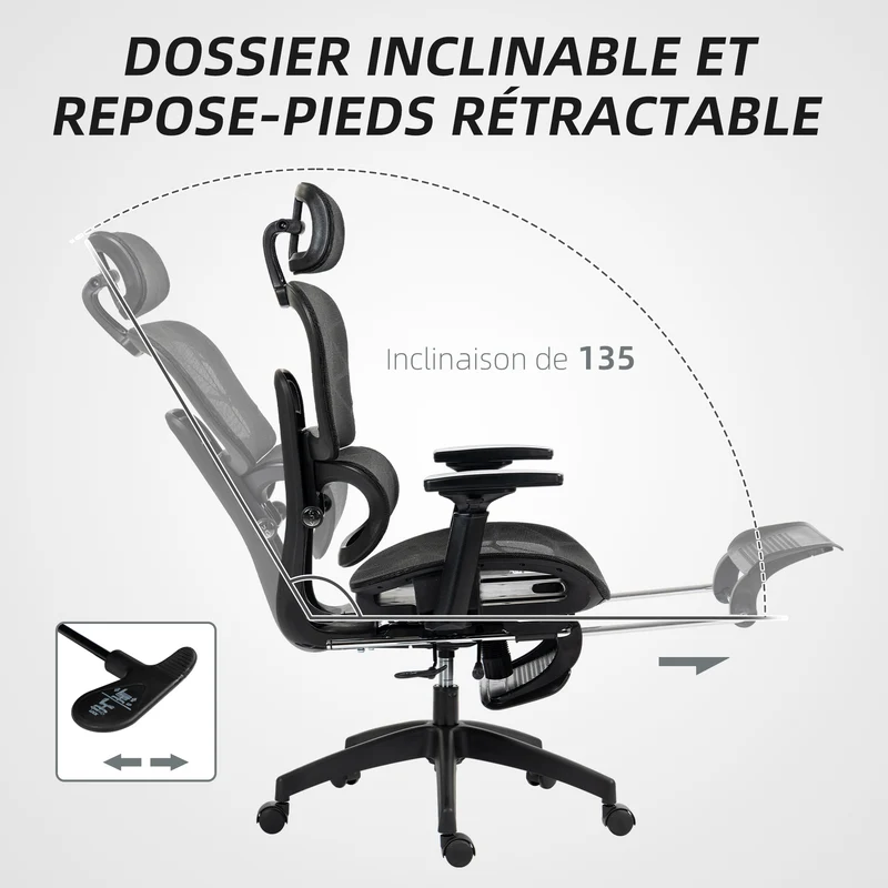 Fauteuil de bureau 66 x 64 x 122 cm ergonomique inclinable pour maison et bureau contemporain moderne en maille noir 21_0006292