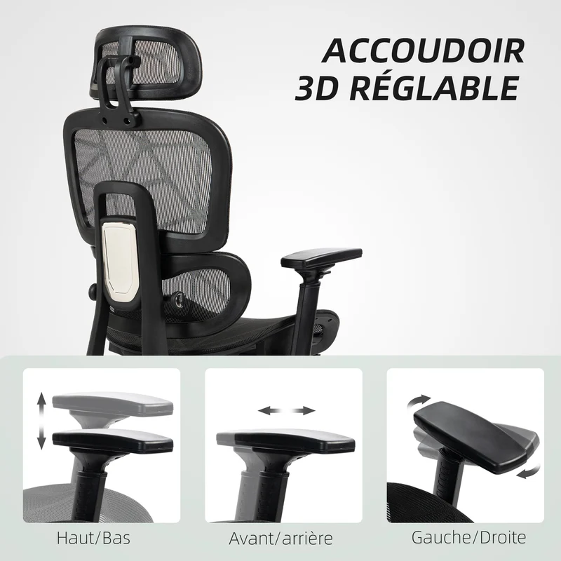 Fauteuil de bureau 66 x 64 x 122 cm ergonomique inclinable pour maison et bureau contemporain moderne en maille noir 21_0006292
