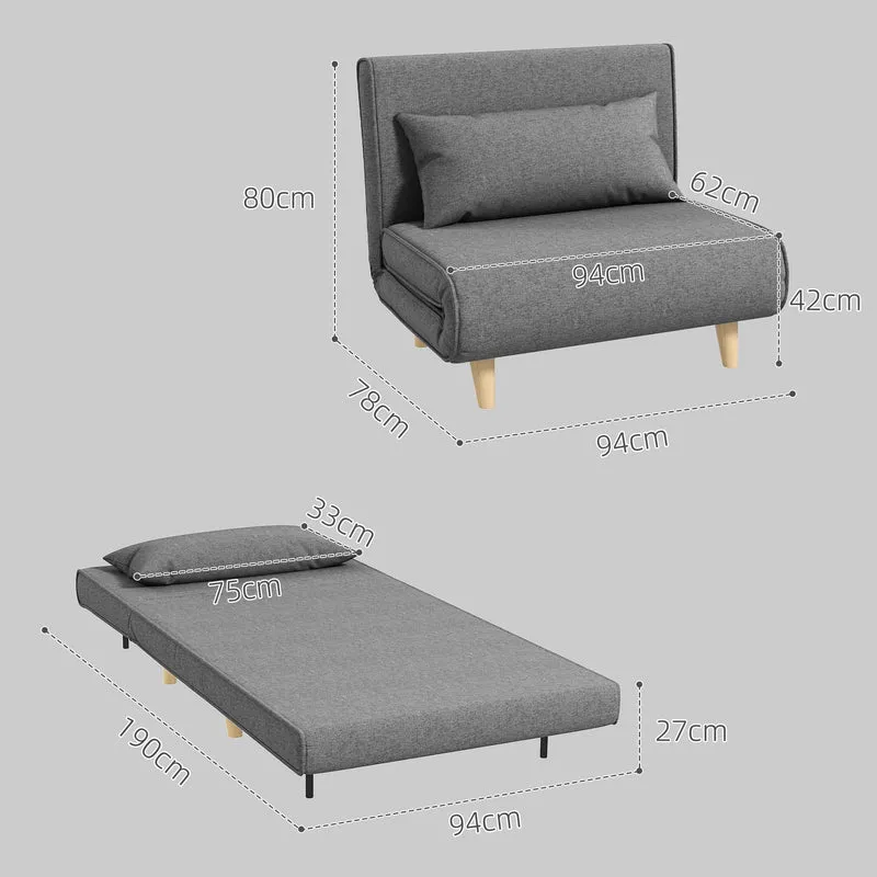 Fauteuil convertible 1 place 94 x 78 x 80 cm dossier réglable 6 positions assise rembourrée scandinave en polyester gris 21_0003006