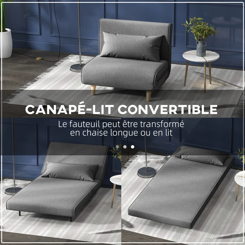 Fauteuil convertible 1 place 94 x 78 x 80 cm dossier réglable 6 positions assise rembourrée scandinave en polyester gris 21_0003006