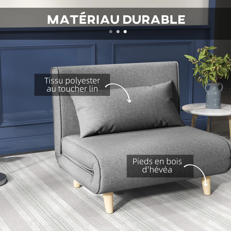 Fauteuil convertible 1 place 94 x 78 x 80 cm dossier réglable 6 positions assise rembourrée scandinave en polyester gris 21_0003006