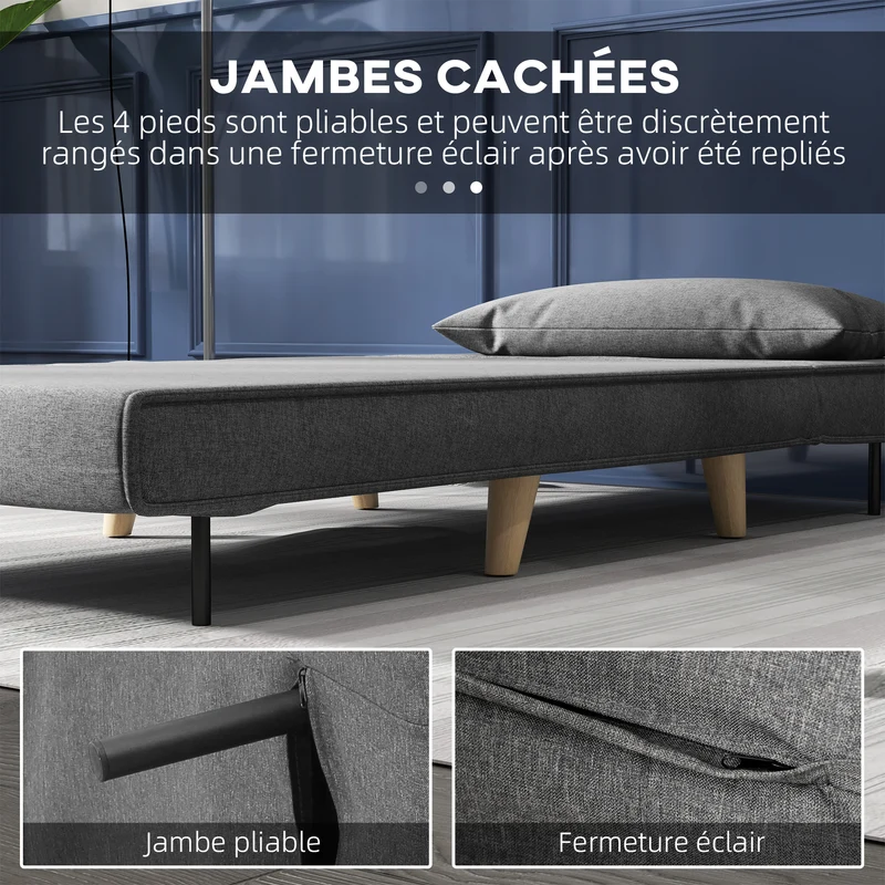 Fauteuil convertible 1 place 94 x 78 x 80 cm dossier réglable 6 positions assise rembourrée scandinave en polyester gris 21_0003006