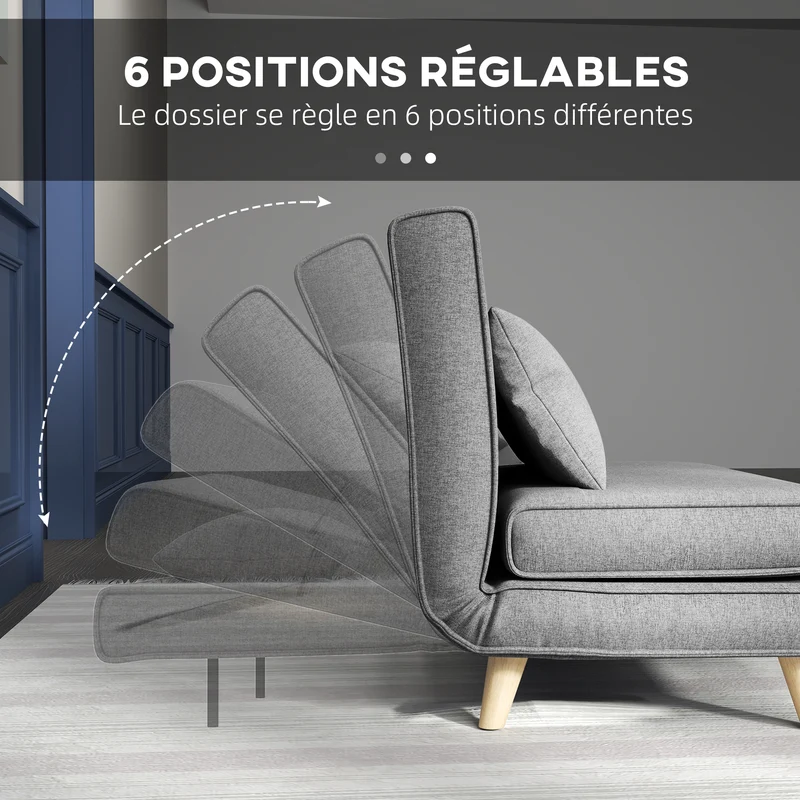 Fauteuil convertible 1 place 94 x 78 x 80 cm dossier réglable 6 positions assise rembourrée scandinave en polyester gris 21_0003006