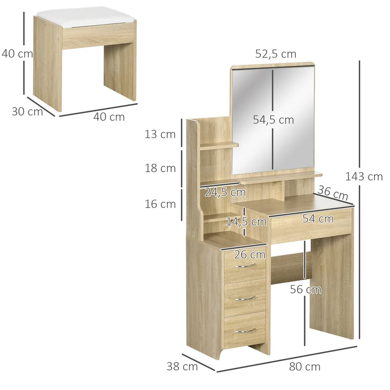 Ensemble coiffeuse avec tabouret 80 x 38 x 143 cm rangement 4 tiroirs style moderne en panneau de particules bois naturel 21_0001507
