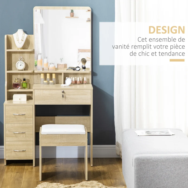 Ensemble coiffeuse avec tabouret 80 x 38 x 143 cm rangement 4 tiroirs style moderne en panneau de particules bois naturel 21_0001507