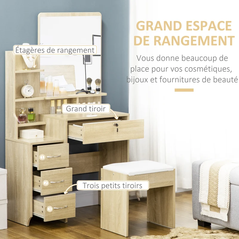 Ensemble coiffeuse avec tabouret 80 x 38 x 143 cm rangement 4 tiroirs style moderne en panneau de particules bois naturel 21_0001507
