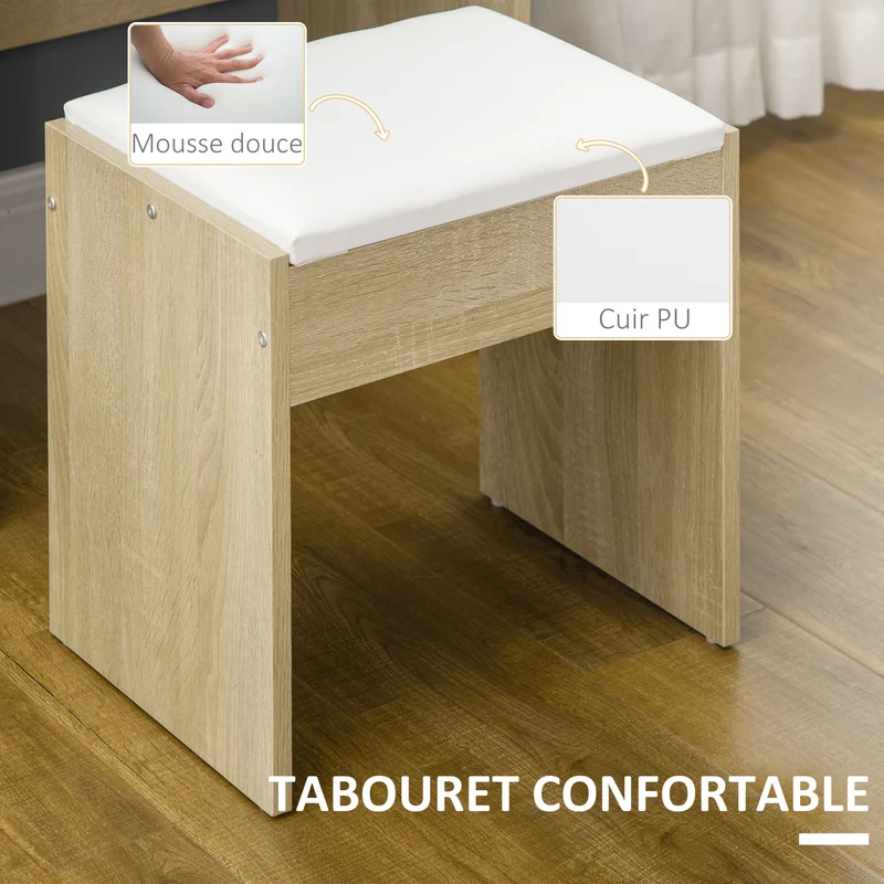 Ensemble coiffeuse avec tabouret 80 x 38 x 143 cm rangement 4 tiroirs style moderne en panneau de particules bois naturel 21_0001507