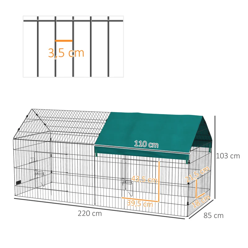 Enclos modulable petits animaux intérieur extérieur 220 x 85 x 103 cm toit ombragé 2 portes moderne épuré en acier vert 21_0007968