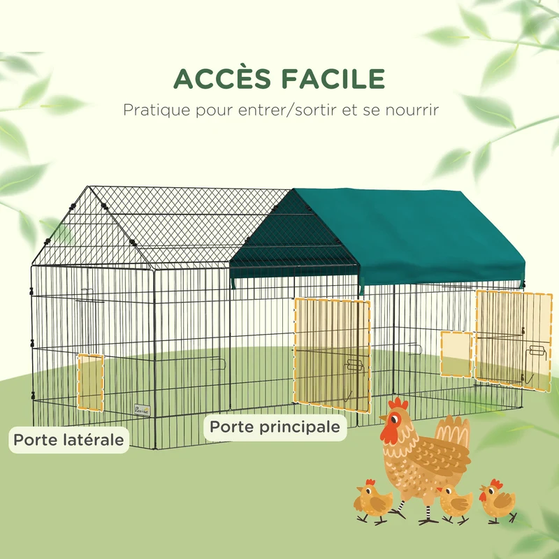 Enclos modulable petits animaux intérieur extérieur 220 x 85 x 103 cm toit ombragé 2 portes moderne épuré en acier vert 21_0007968