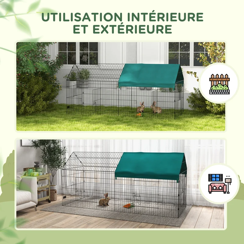 Enclos modulable petits animaux intérieur extérieur 220 x 85 x 103 cm toit ombragé 2 portes moderne épuré en acier vert 21_0007968