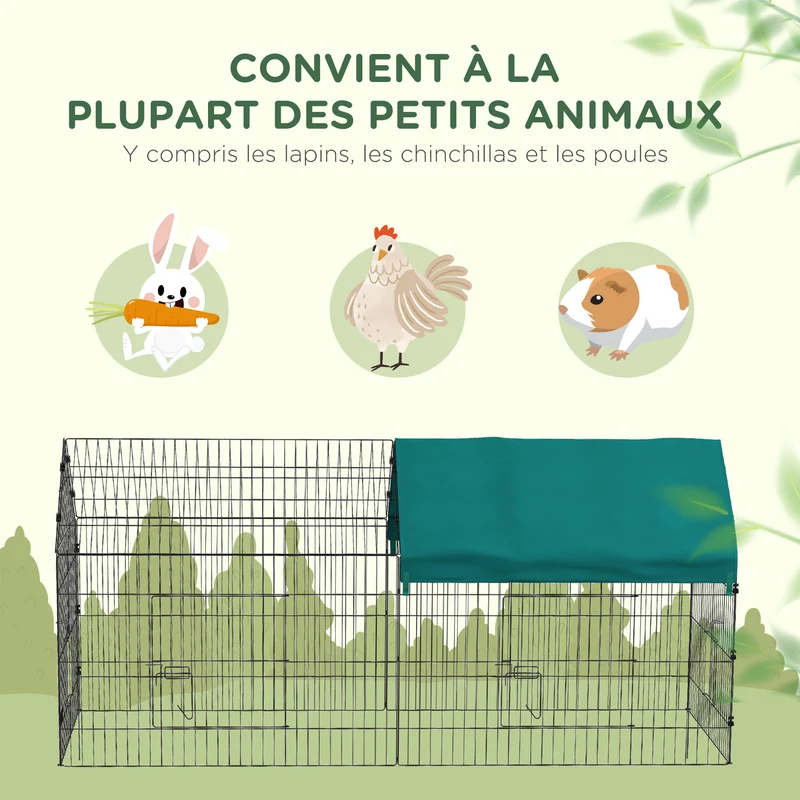 Enclos modulable petits animaux intérieur extérieur 220 x 85 x 103 cm toit ombragé 2 portes moderne épuré en acier vert 21_0007968