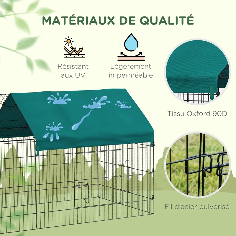 Enclos modulable petits animaux intérieur extérieur 220 x 85 x 103 cm toit ombragé 2 portes moderne épuré en acier vert 21_0007968