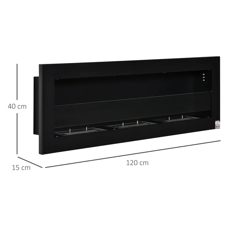 Cheminée bioéthanol murale encastrable 120 x 15 x 40 cm chauffe d'appoint sécurité anti-fuite design épuré en acier noir 21_0001115