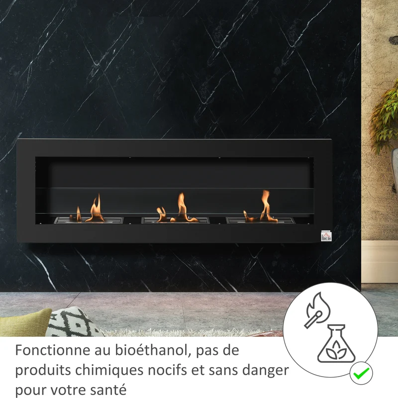Cheminée bioéthanol murale encastrable 120 x 15 x 40 cm chauffe d'appoint sécurité anti-fuite design épuré en acier noir 21_0001115